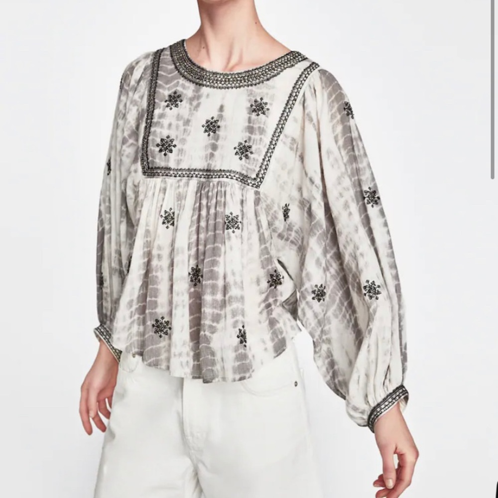 ZARA grey and white tie-dye blouse